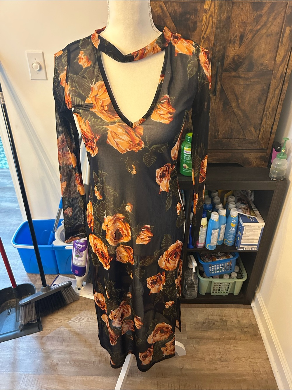 Topia Black Long-Sleeve Sheer Midi Dress with Orange Rose Print